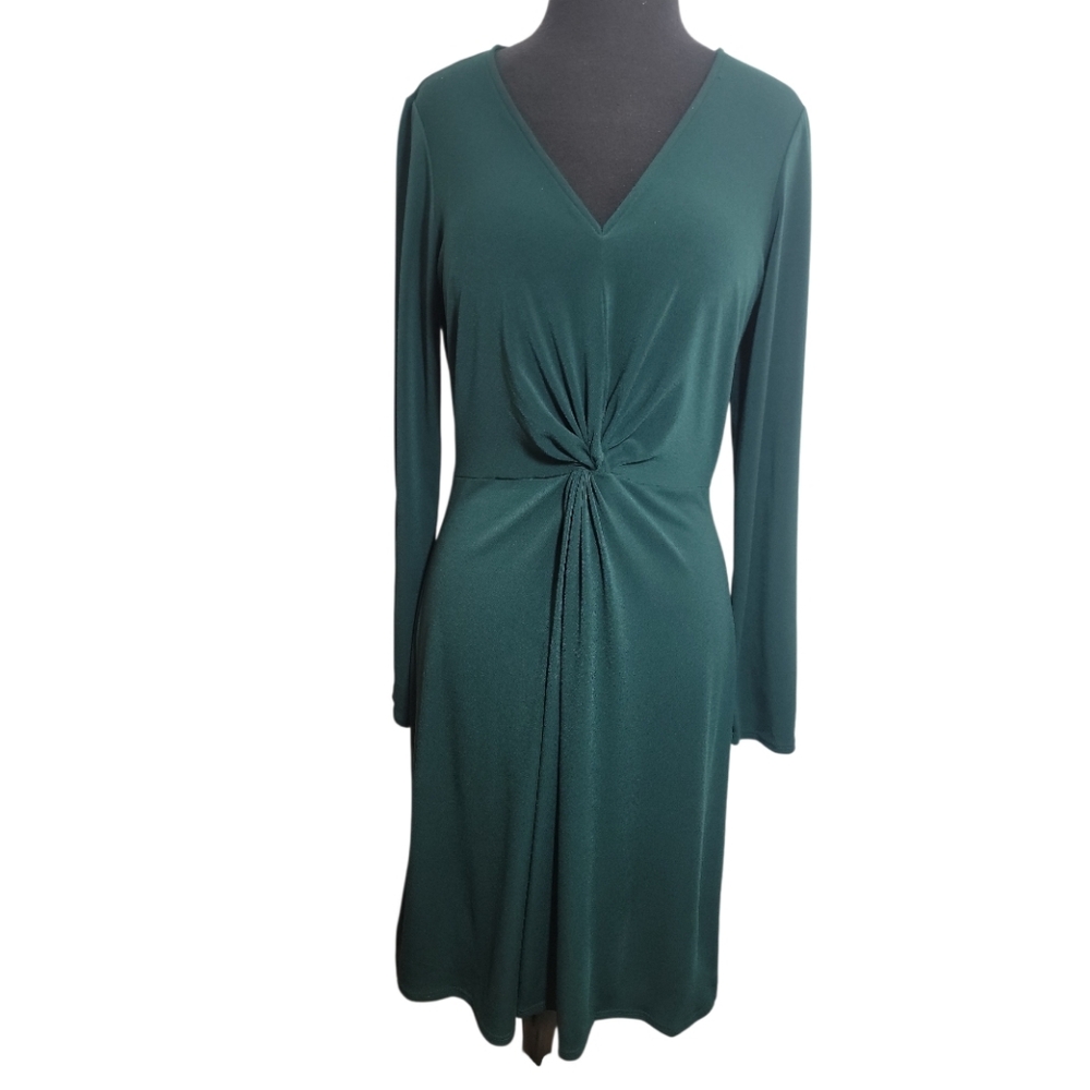 Leota women' forest green twist front v neck long sleeve dress Ruched large